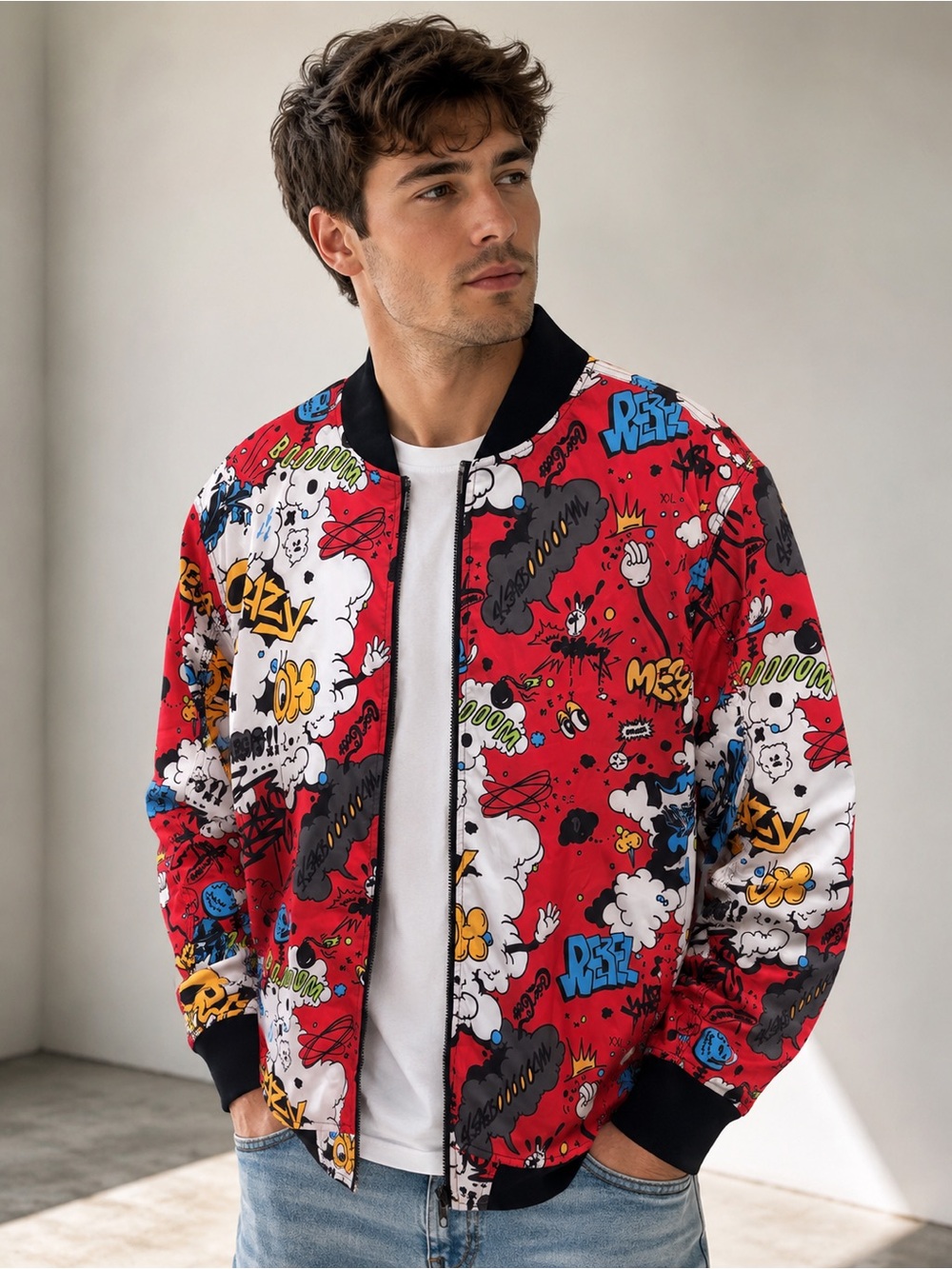 Men's Red Graphic Bomber Jacket with Comic Print
